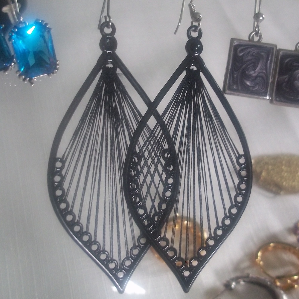 Black Ceramic Earrings Laced w Embroidery Thread
